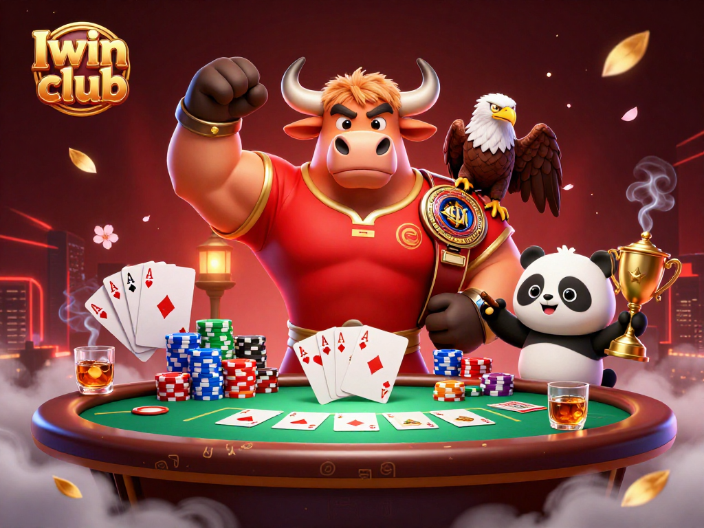 Iwin club celebrates with a bull mascot, eagle, and panda at a poker table in a vibrant casino scene.