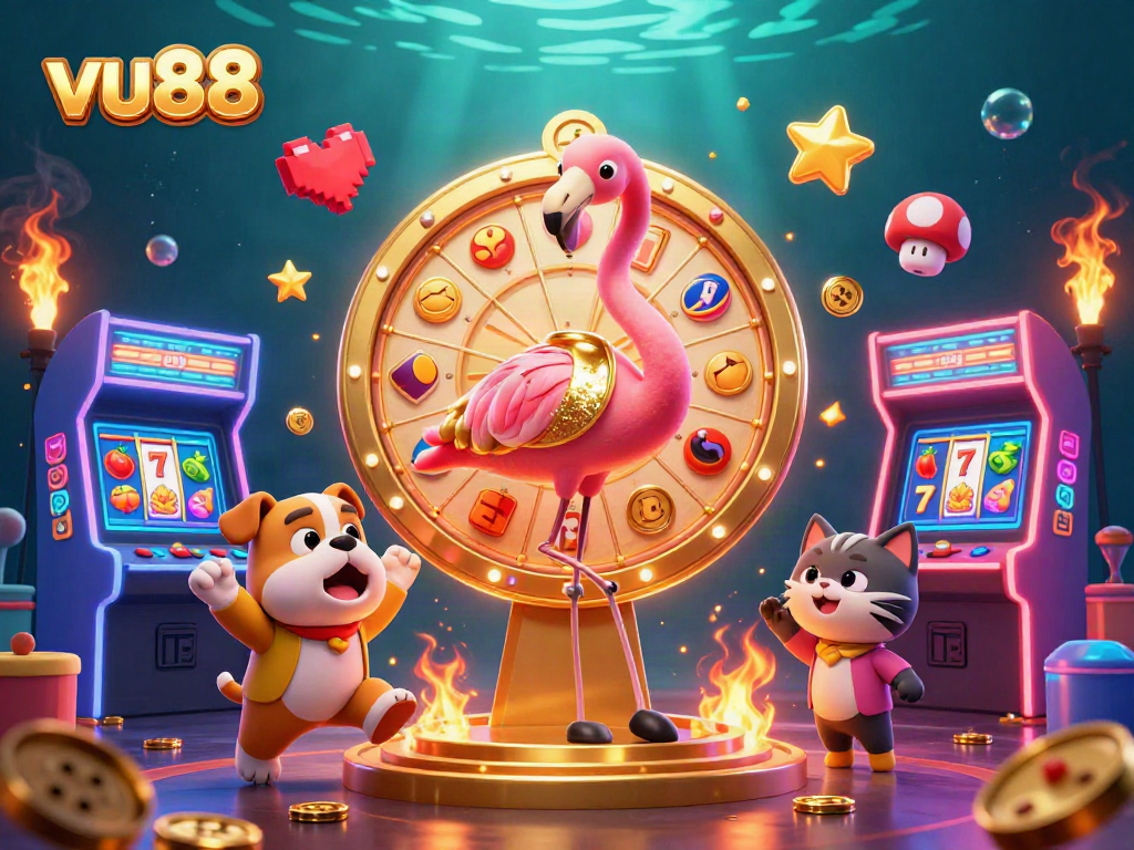 vu88 interactive scene showcasing casino excitement with a flamingo host, bulldog contestant, and prizes