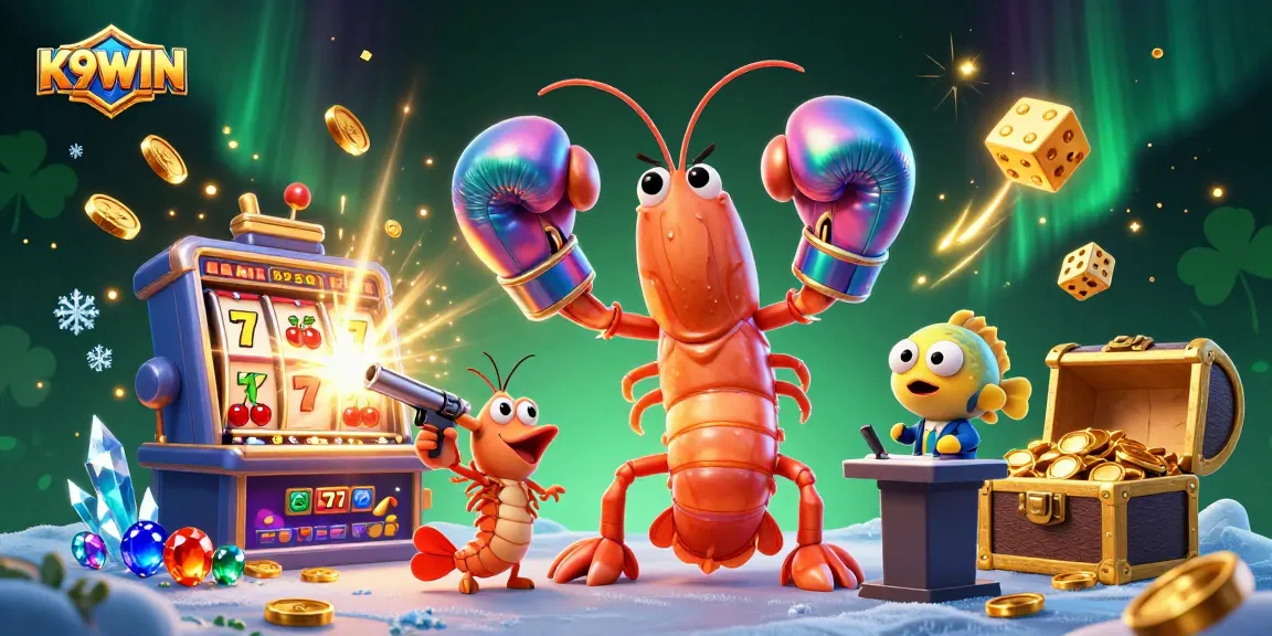 K9WIN's exciting slot scene with animated shrimp characters celebrating big wins, showcasing a dynamic casino atmosphere.