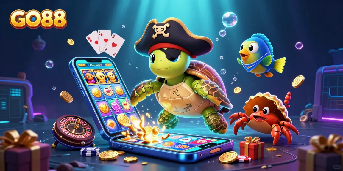 Experience GO88’s exhilarating gaming with a dynamic pirate-themed underwater treasure scene filled with slots and casino elements.