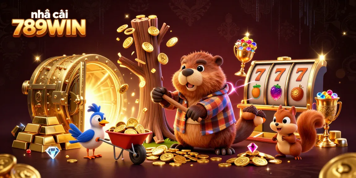 Experience fun with nhà cái 789WIN as cartoon characters stack golden coins and rewards in an exciting casino setting.