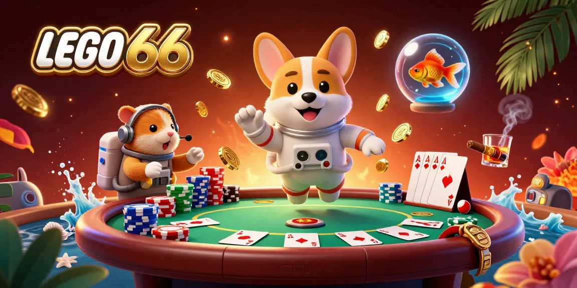 Lego66 gaming adventure with a cartoon astronaut corgi in a cosmic casino.
