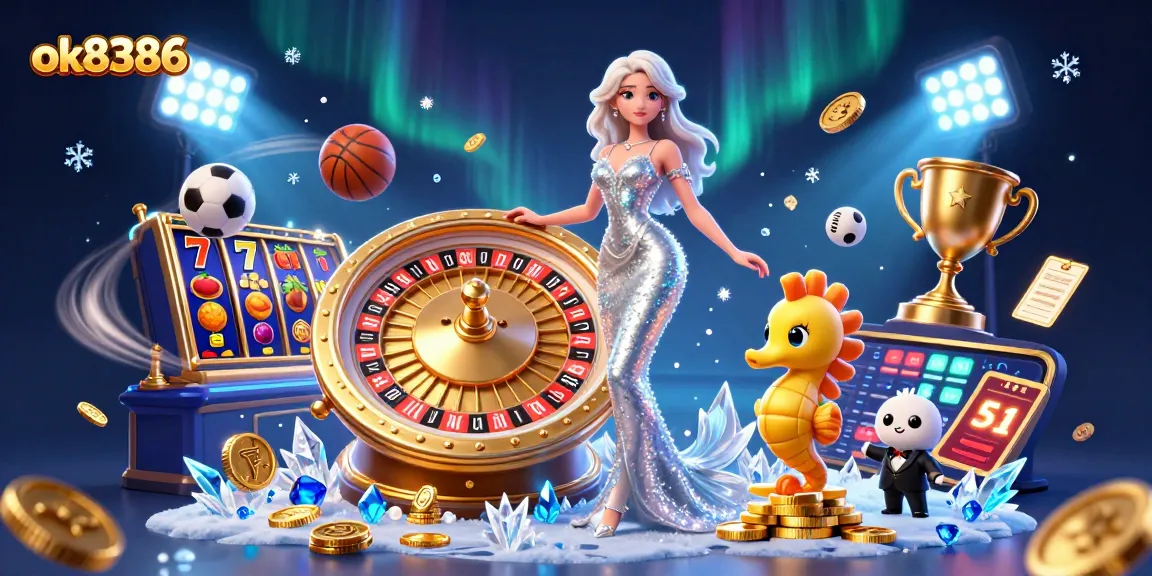 Spin the reels and win big at ok8386, showcasing a glamorous scene with a roulette wheel and sports elements.