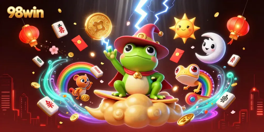 Engage in exciting gambling adventures with 98win's vibrant casino-themed illustration.