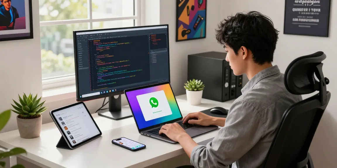 Downloading WhatsApp下載 on a modern laptop in a vibrant workspace.