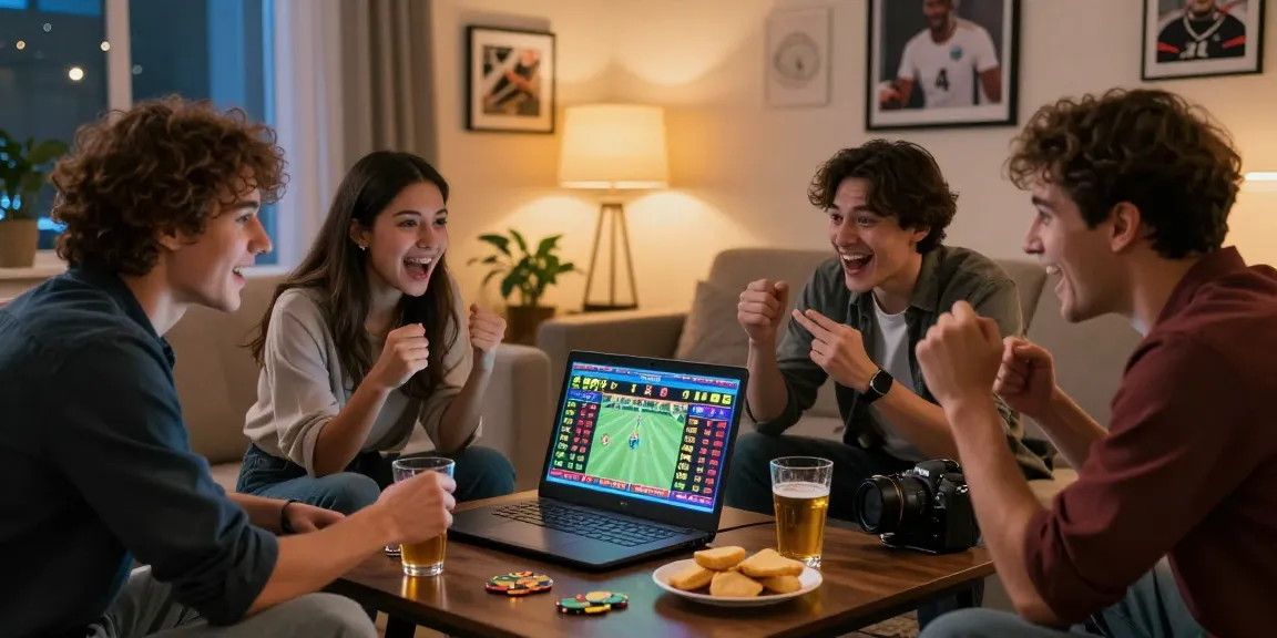 Friends engaging in online betting on ok 8386 platform in a lively home setting.