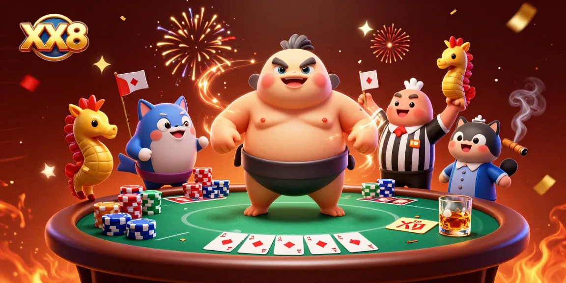 Experience the excitement of XX8 with a dynamic underwater poker scene featuring playful sea creatures.