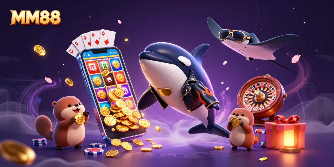Engage with MM88's vibrant casino gaming world featuring lively sea creatures celebrating wins.