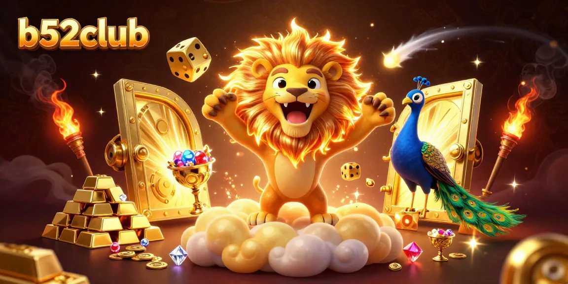 B52club features a roaring cartoon sun lion amid golden casino treasures, enhancing the thrill of winning.