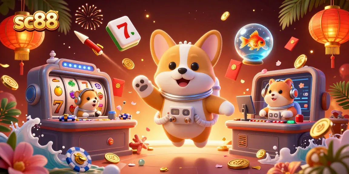 Experience sc88 with a lively scene featuring an astronaut corgi and casino elements.