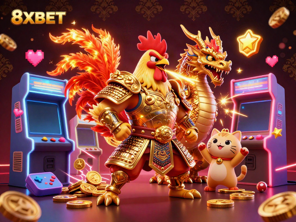 Engaging 3D illustration of 8XBET featuring a rooster warrior and dragon, surrounded by gaming elements, signifying fun and excitement.