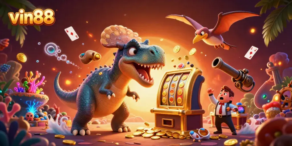 Experience the excitement of vin88 with cartoon characters interacting in a vibrant casino scene.