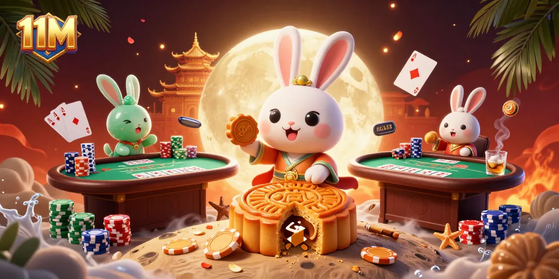 Engage in high-stakes poker with 11M's vibrant 3D illustration featuring a moon rabbit.