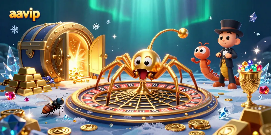 AAVIP showcases a vibrant gaming scene with a golden spider, roulette wheel, and treasure elements.