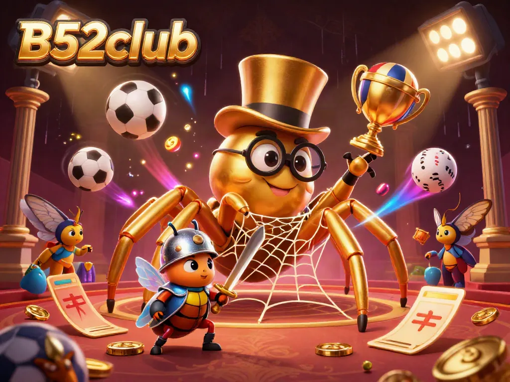 Experience thrilling gameplay with B52club as a cartoon tarantula weaves a golden casino web.