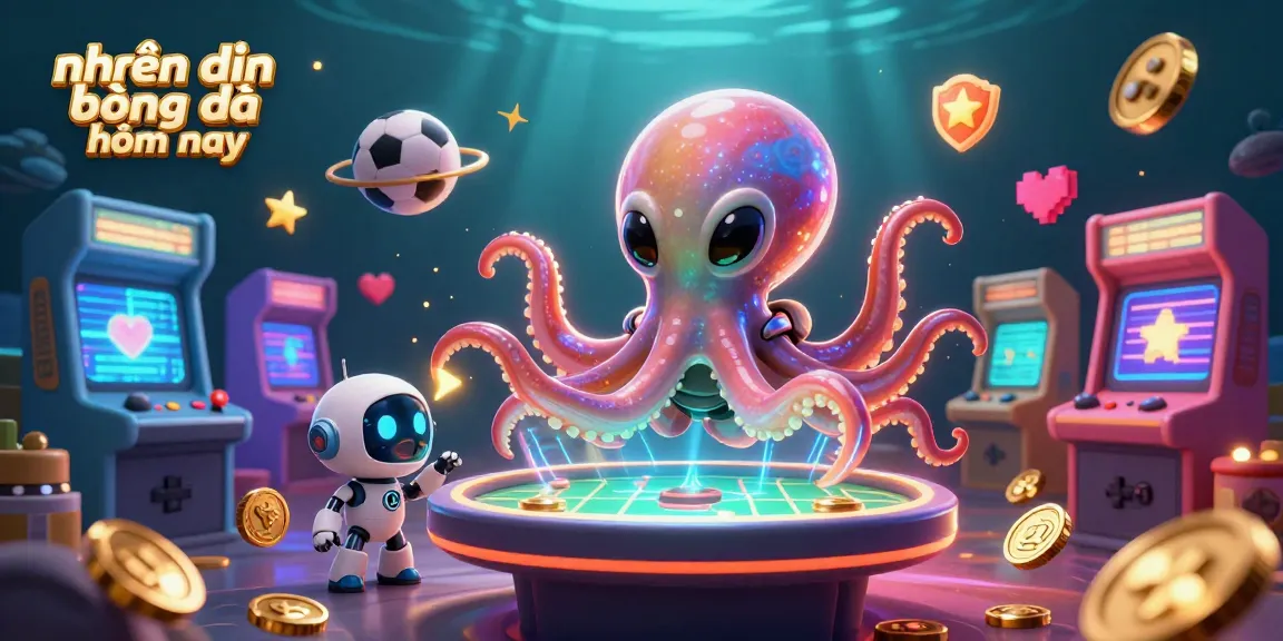 Sports betting with nhận định bóng đá hôm nay on a holographic table featuring an alien octopus and robot.