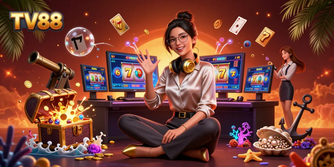 Experience thrilling gaming with TV88, featuring a stylish gamer amidst dynamic casino visuals.