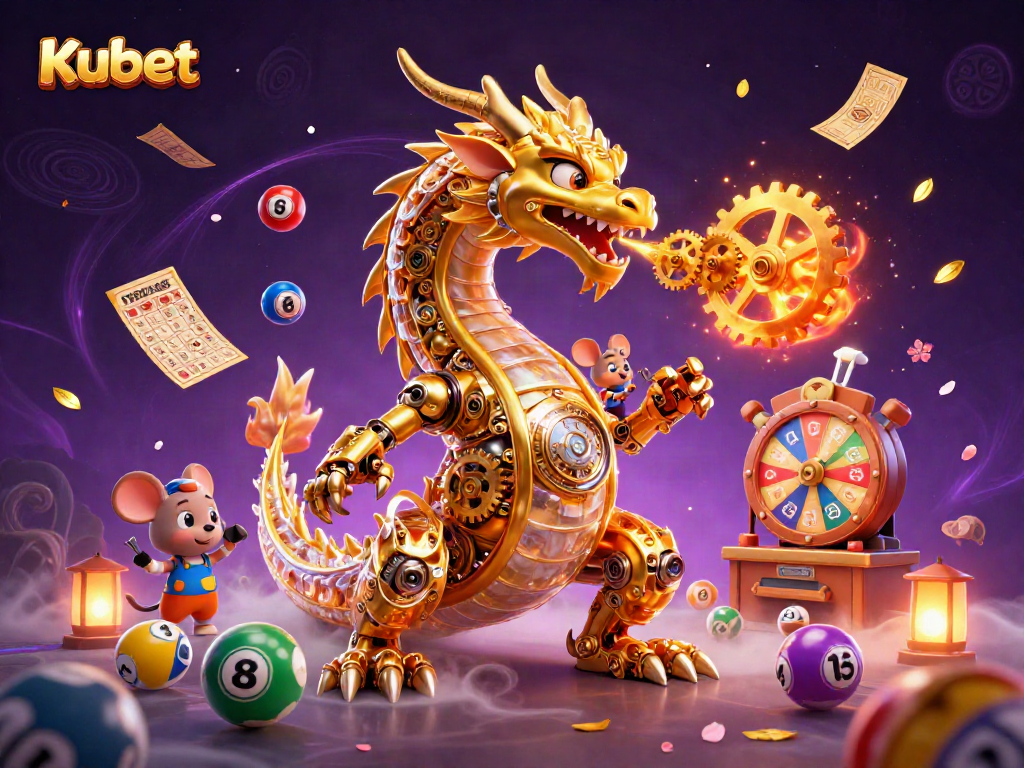 Experience excitement with Kubet’s vibrant gambling scene featuring a golden dragon and dynamic lottery graphics.