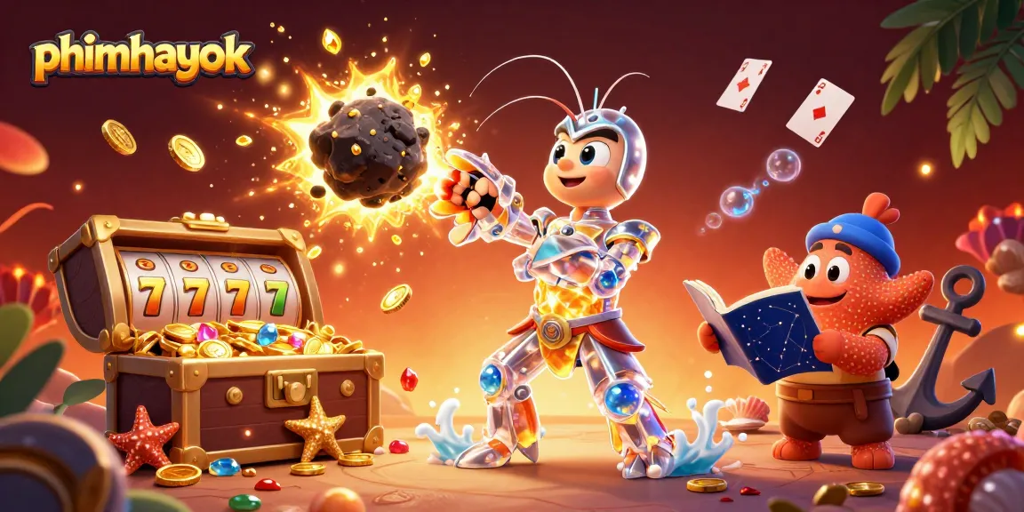 Win big with phimhayok's vibrant casino visuals featuring a shimmering galactic samurai and dazzling slots.