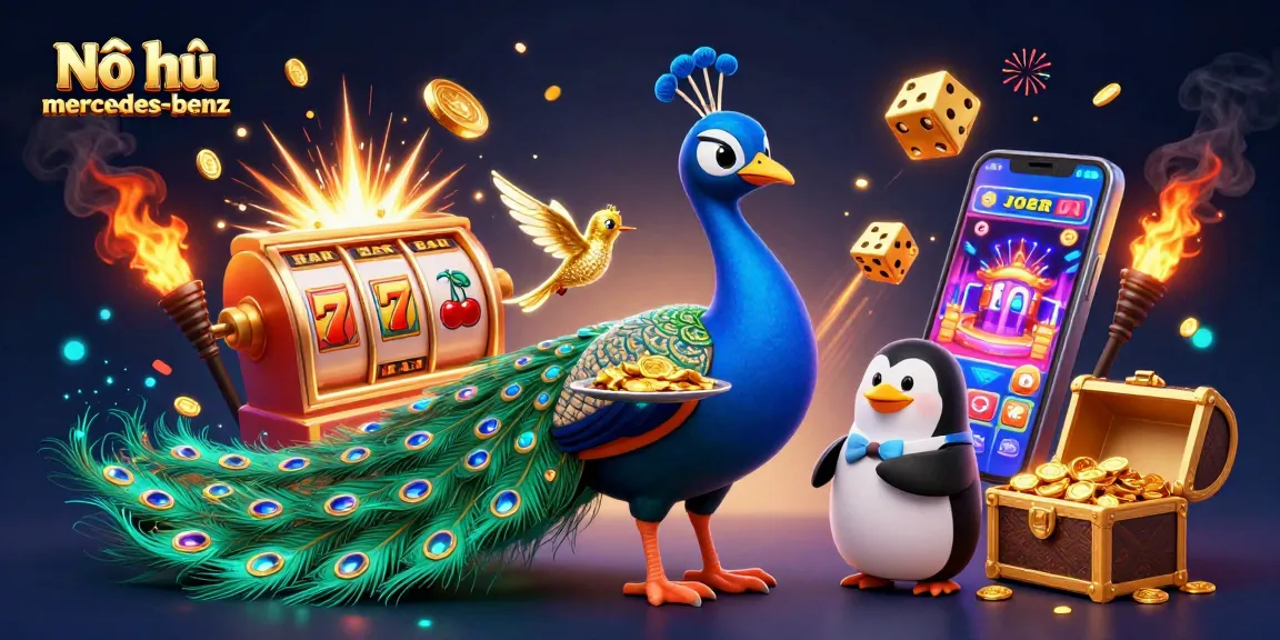Nổ hũ mercedes-benz showcases a vibrant slot game scene with characters celebrating a jackpot.