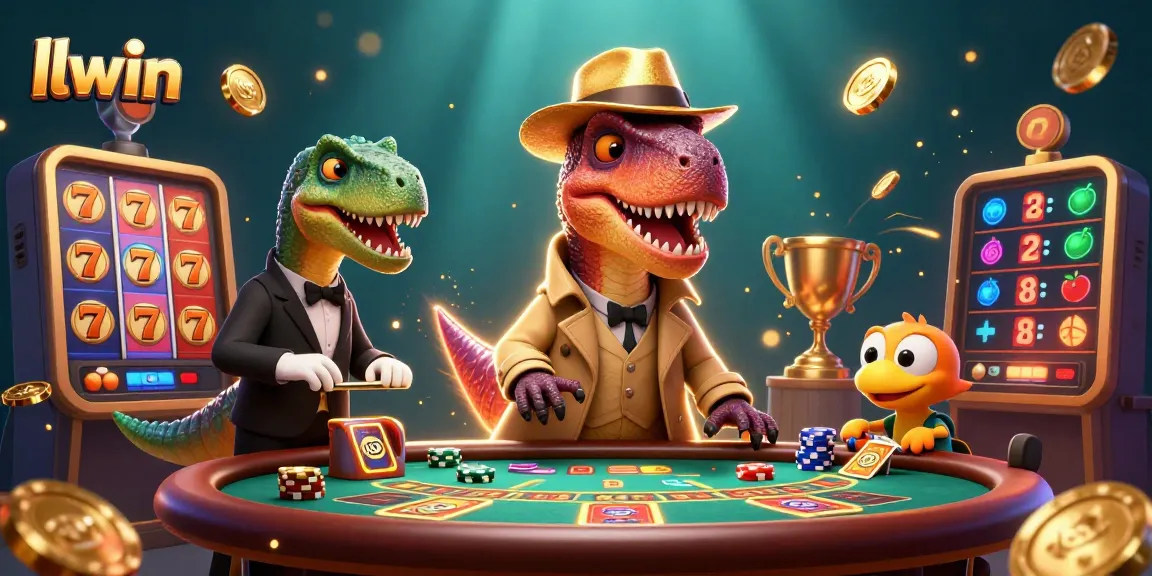 llwin presents vibrant casino action with a cartoon velociraptor and stegosaurus at the blackjack table.