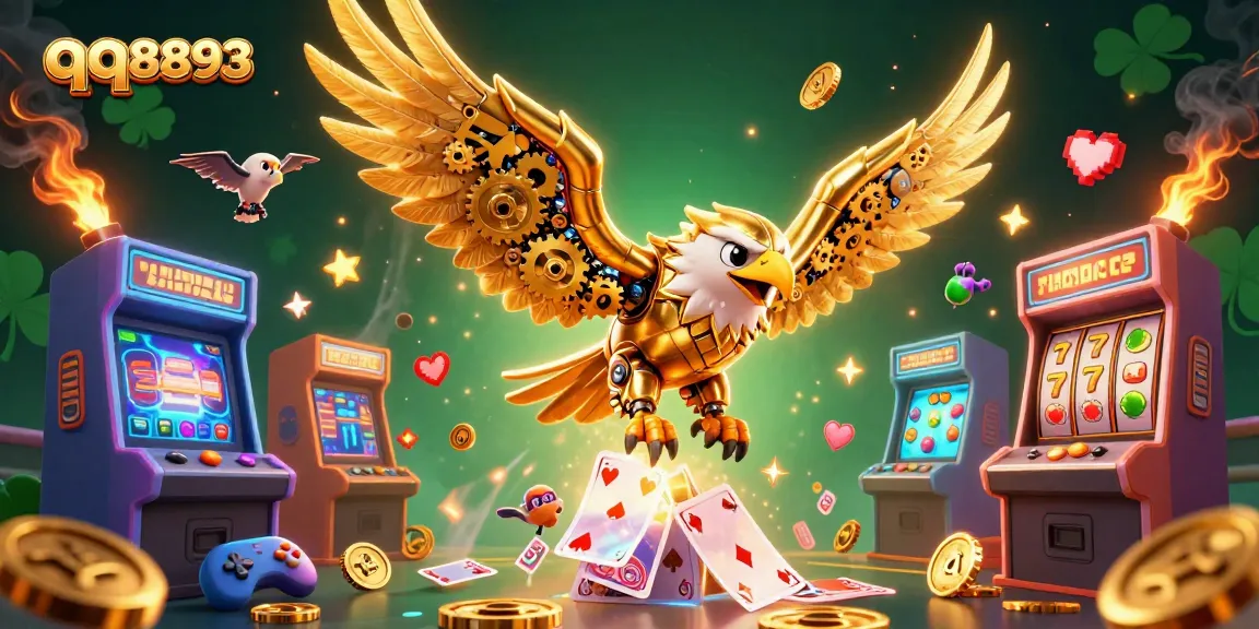 Experience thrilling gameplay with qq8893's cybernetic eagle soaring through holographic casino elements.