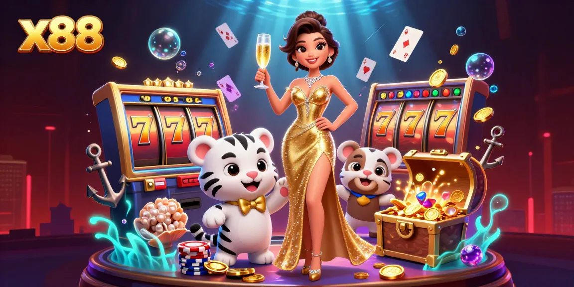Experience thrilling gaming at x88 with a dynamic 3D illustration of a glamorous woman and a lucky tiger cub amid festive casino elements.