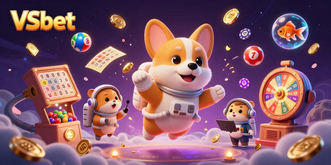 Experience fun and excitement with VSbet in a vibrant space casino illustration featuring a playful corgi and animated game elements.