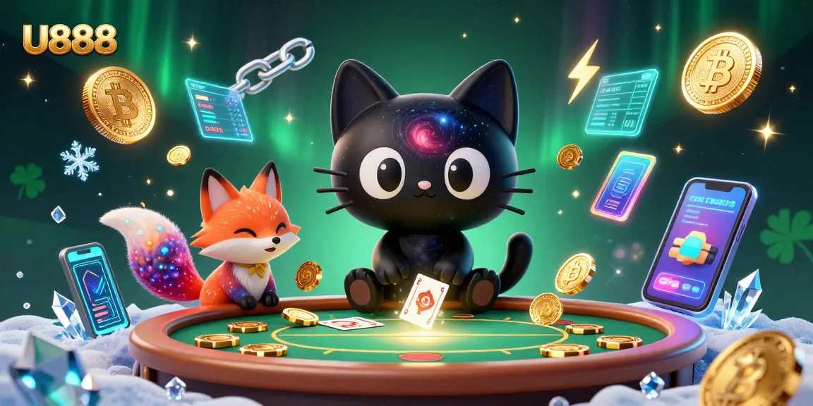 Gamble excitingly at U888, showcasing a cosmic theme with a black hole cat and vibrant elements.