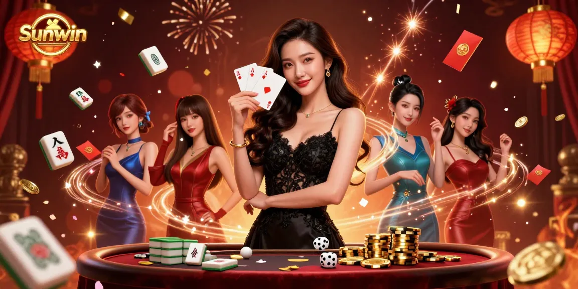 Win big with Sunwin as an elegant Asian woman plays cards in a vibrant casino.