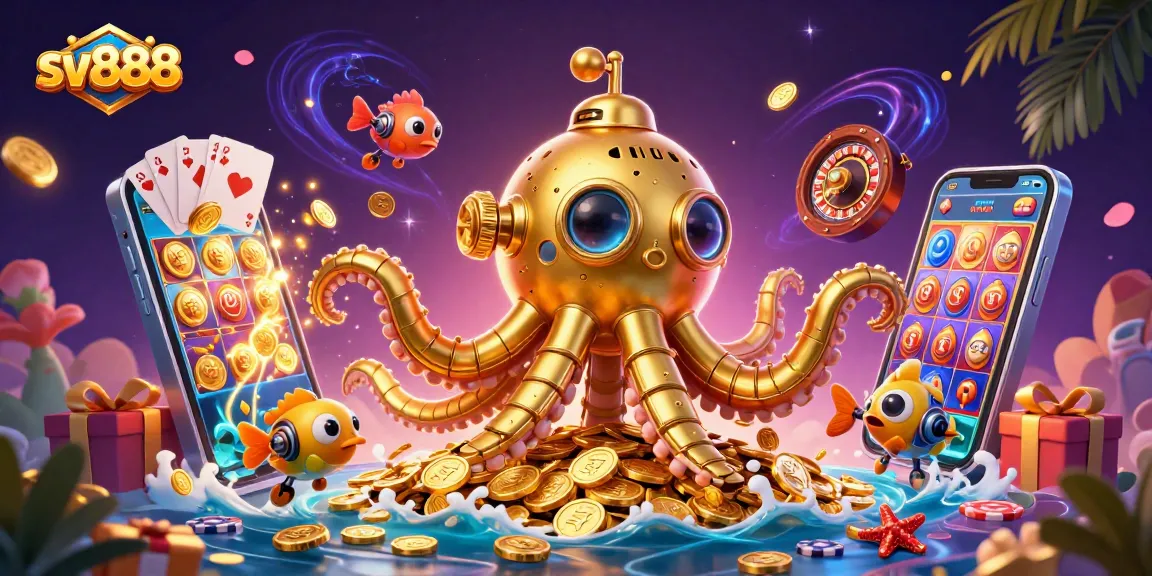 Experience excitement at sv888 with a vibrant 3D casino illustration featuring games and treasures.