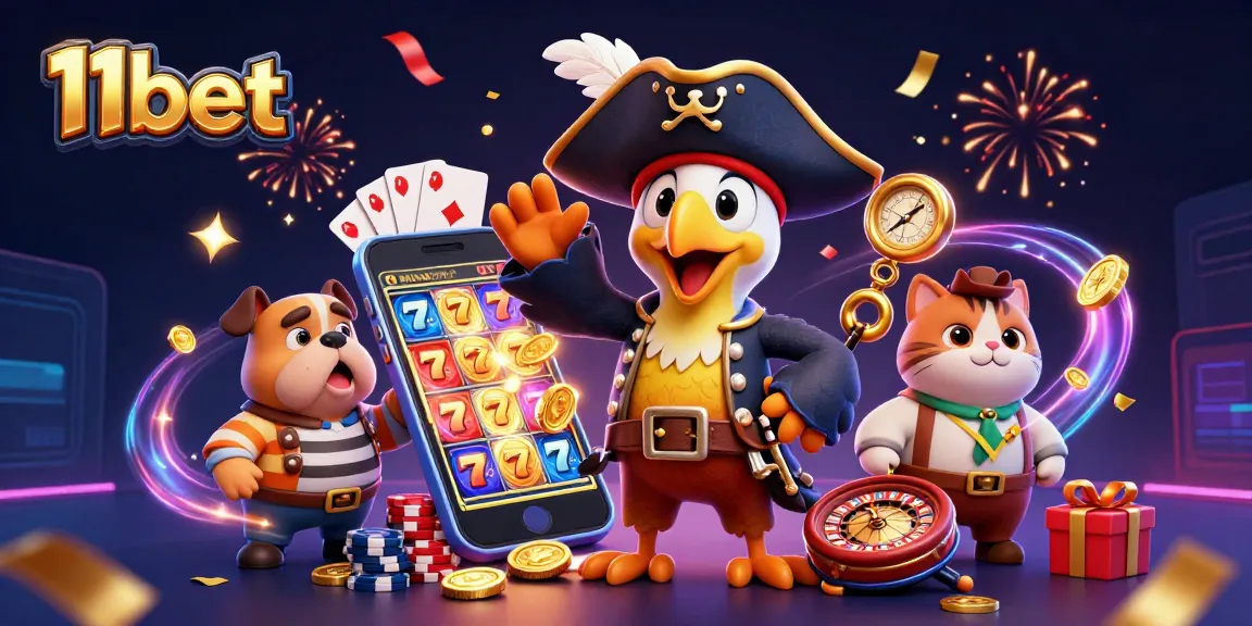Join the adventure with 11bet's vibrant pirate-themed gaming illustration showcasing dynamic casino elements.