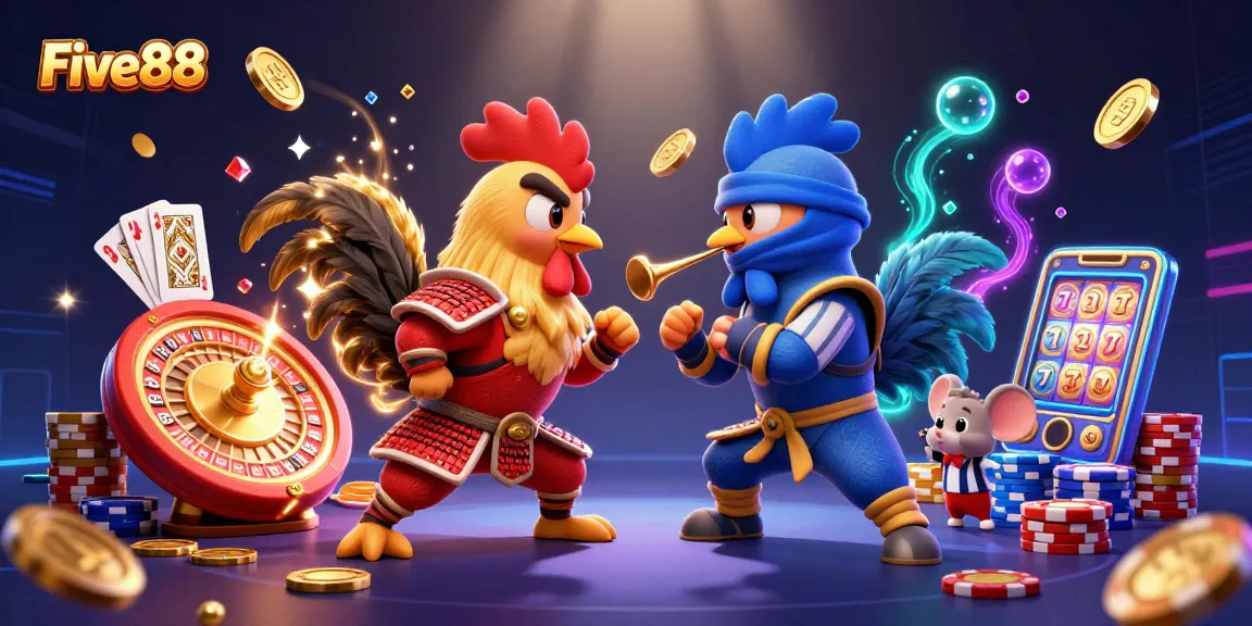 Five88 features dynamic roosters battling in a casino-themed scene filled with coins and game elements.