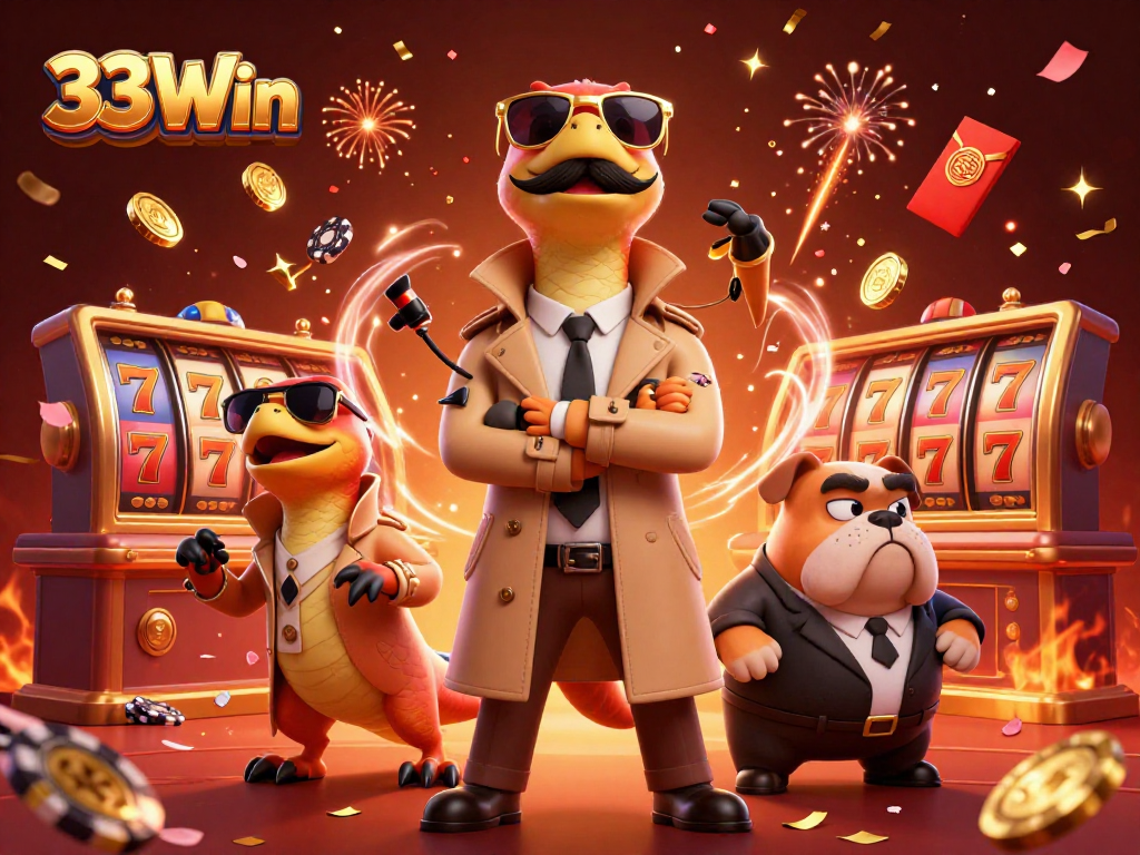 33Win showcases raptors in disguise at a casino with vibrant 3D casino elements and festive fireworks.