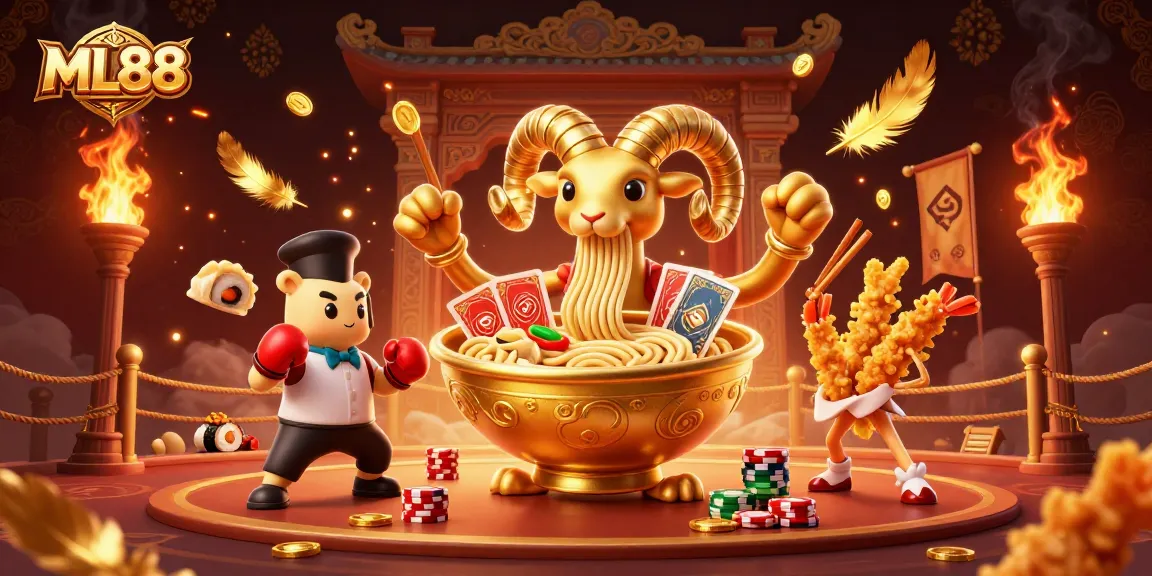 ML88 features a vibrant scene with a giant golden ramen bowl character, thrilling gaming elements, and dynamic betting action.