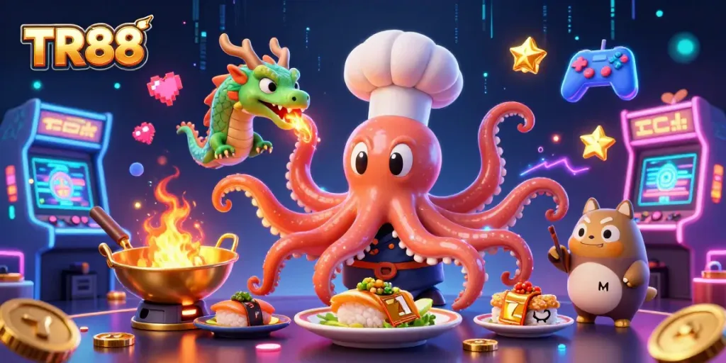 Experience TR88's vibrant slot games with a cartoon octopus chef and dragon in a lively casino scene