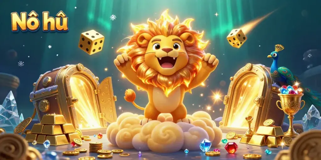 Experience the exhilarating Nổ hũ action with vibrant treasures and playful characters in a dazzling casino scene.